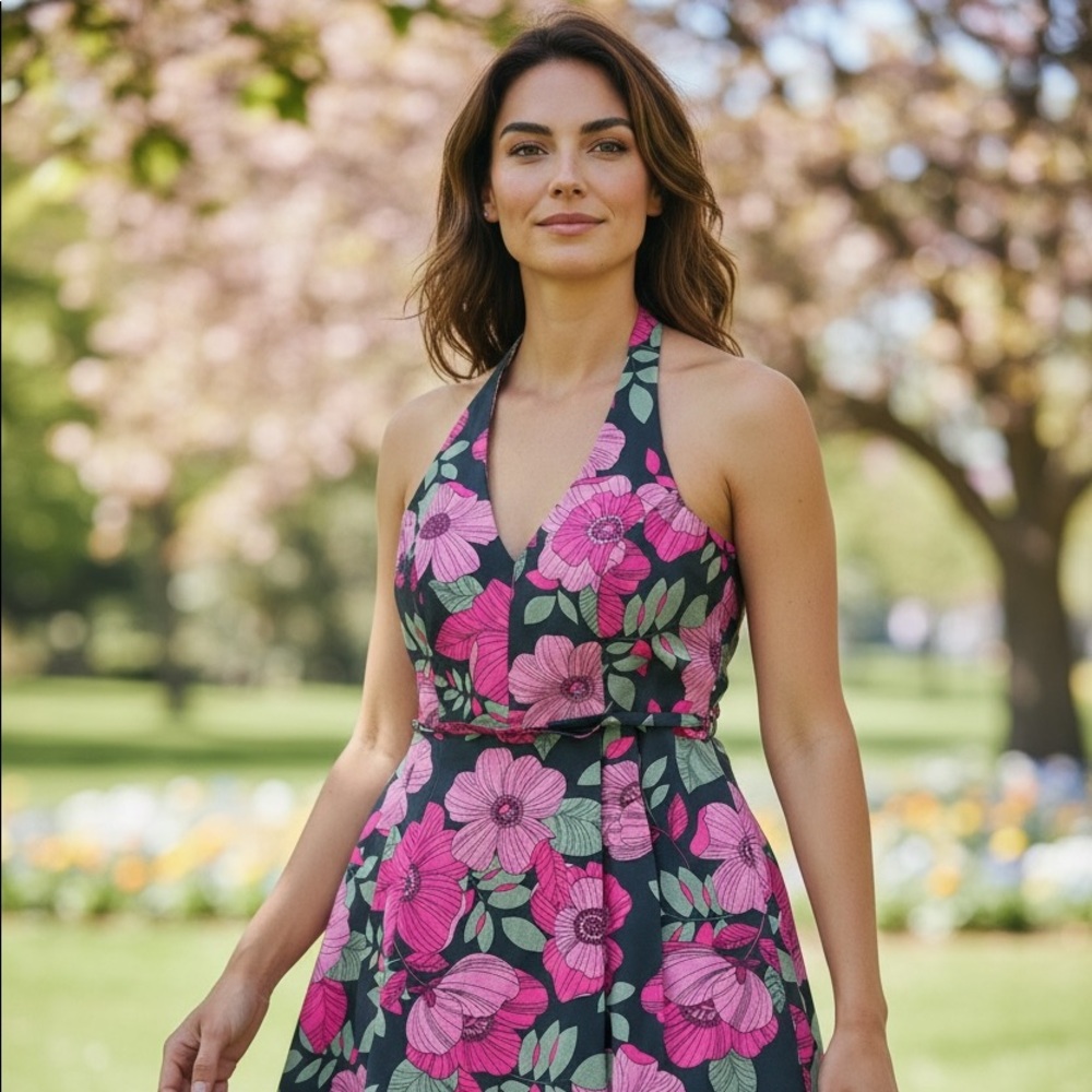 Excellent David Meister floral alter dress in pink and brown with belt 8